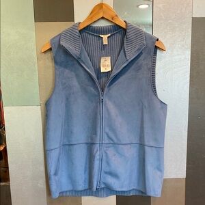 NWT J. JILL Blue Sleeveless Cable Knit & Faux Suede Zip-Up Vest